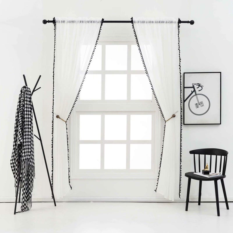 MISS SELECTEX Linen Look Pom Pom Tasseled Sheer Curtains - Rod Pocket Voile Semi-Sheer Curtains for Living and Bedroom, Set of 2 Curtain Panels (52 x 84 inch, White Sheer & Black Pom Poms) - Image 3